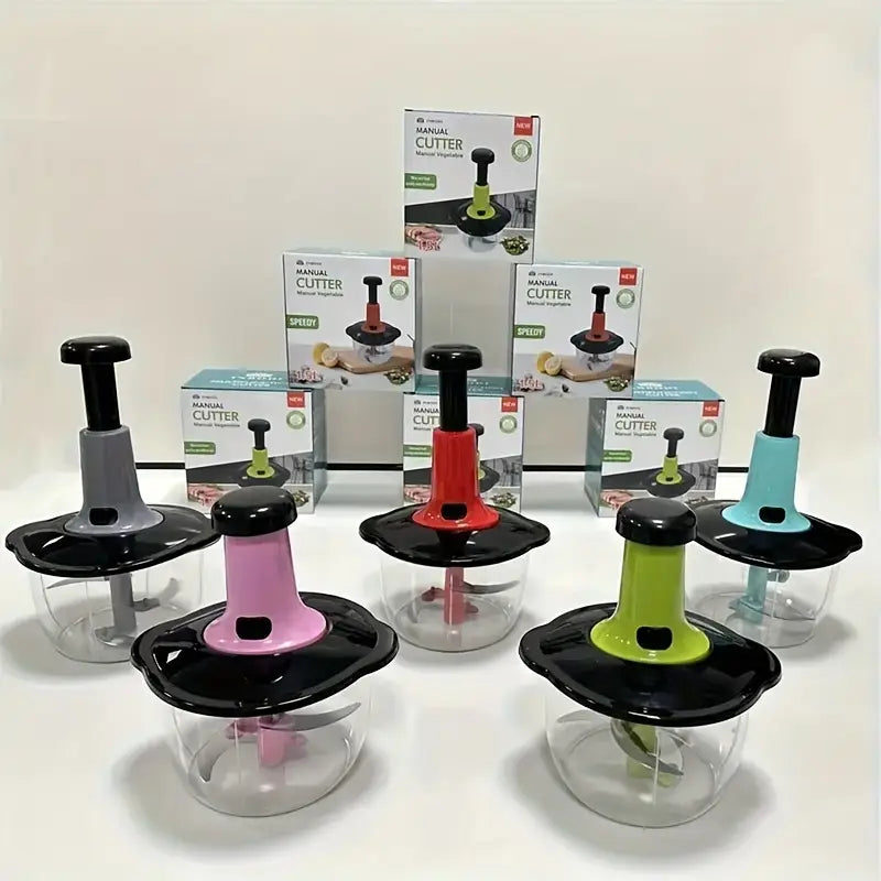 Manual Hand Push Food Chopper – Compact Vegetable & Fruit Cutter with Mixing Blade