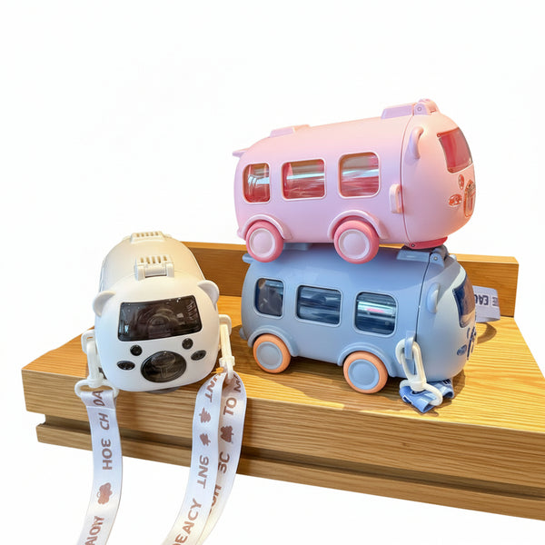 Bus-Shaped Kids Water Bottle 500ml - BPA-Free with Straw & Safety Lock