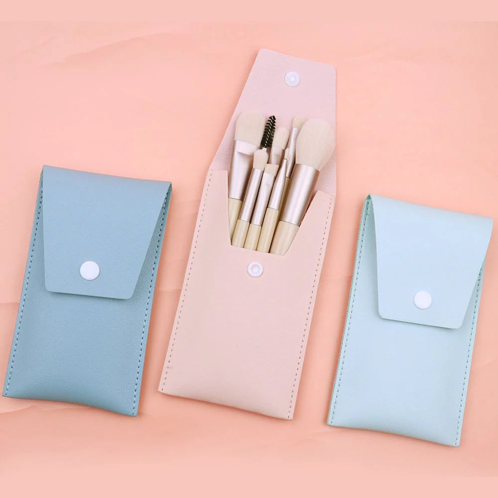 8 Pcs Leather Makeup Brush Set – Soft Bristles with Travel-Friendly Leather Pouch