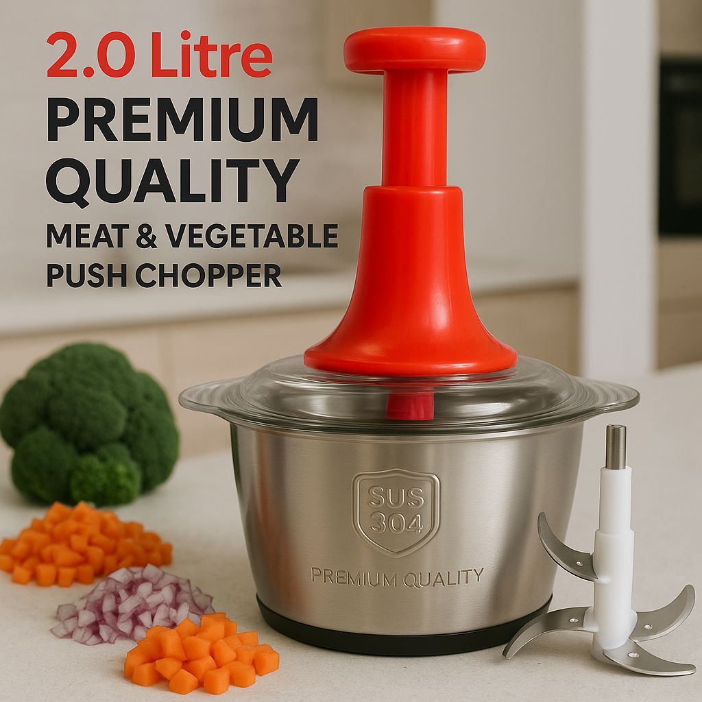 2.0L 4-Blade Meat & Vegetable Push Chopper – Stainless Steel Bowl | Premium Quality