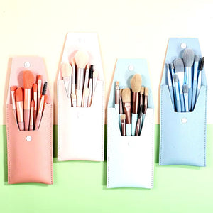 8 Pcs Leather Makeup Brush Set – Soft Bristles with Travel-Friendly Leather Pouch