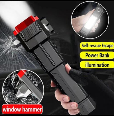 Multifunction Rechargeable LED Flashlight – Car Emergency Tool with Window Breaker, Seatbelt Cutter & Power Bank