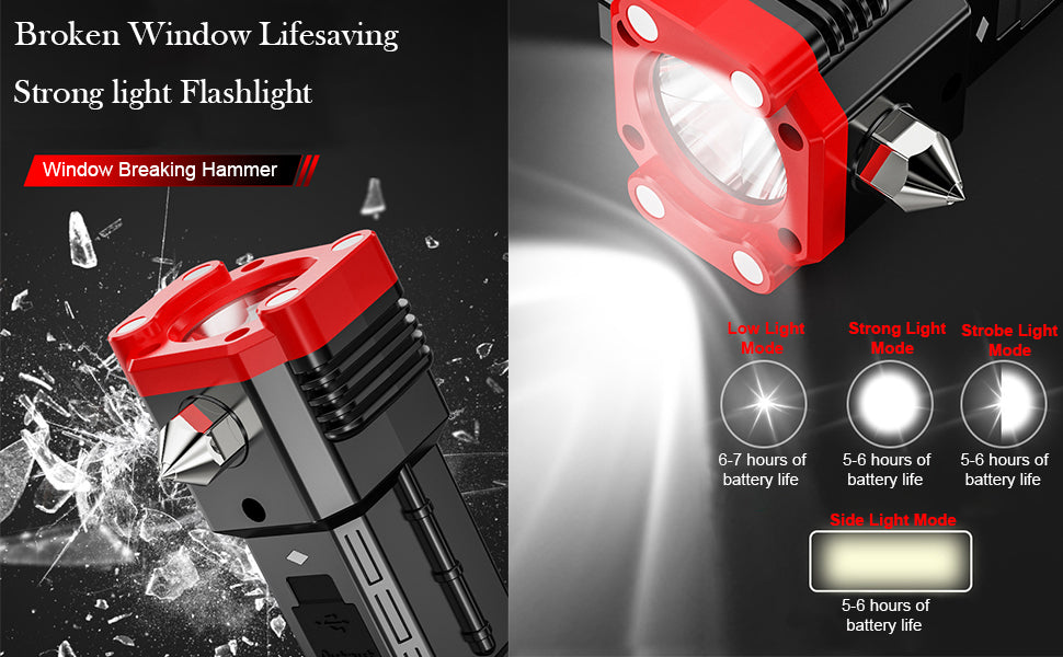 Multifunction Rechargeable LED Flashlight – Car Emergency Tool with Window Breaker, Seatbelt Cutter & Power Bank