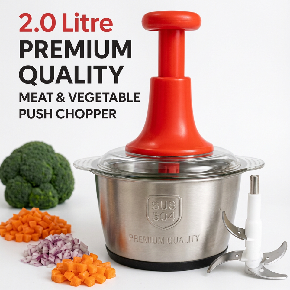 2.0L 4-Blade Meat & Vegetable Push Chopper – Stainless Steel Bowl | Premium Quality