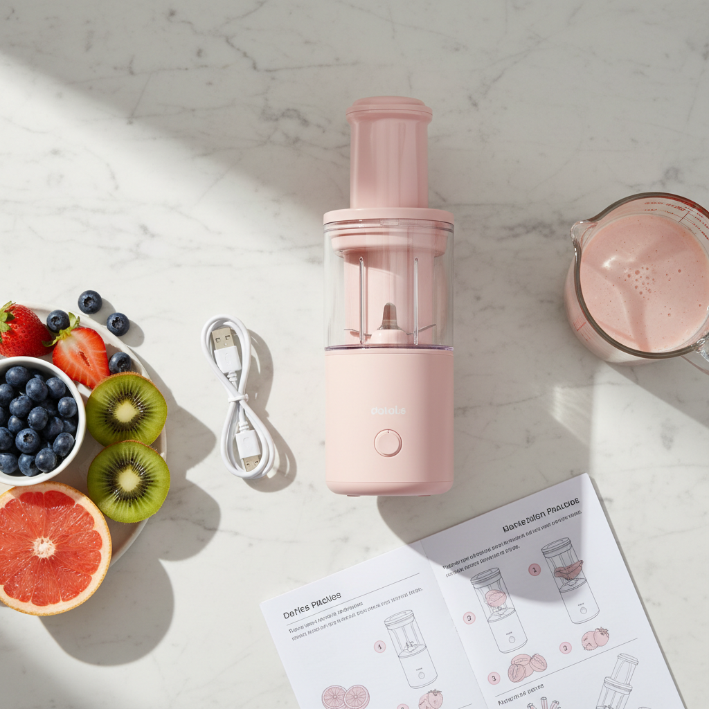 Portable juicer with accessories flat lay