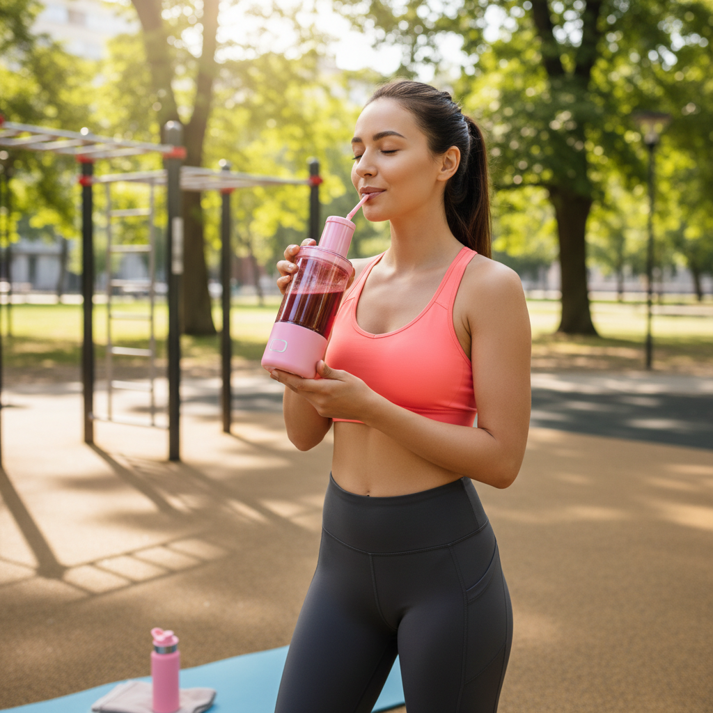 Woman using portable juicer at gym