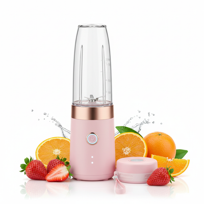 Pink portable rechargeable juicer with fresh fruits