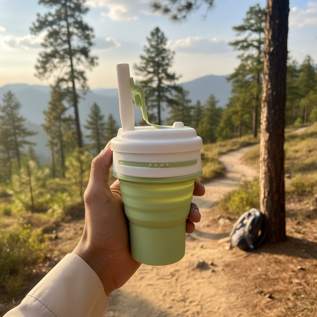 Lifestyle shot of collapsible mug during outdoor travel
