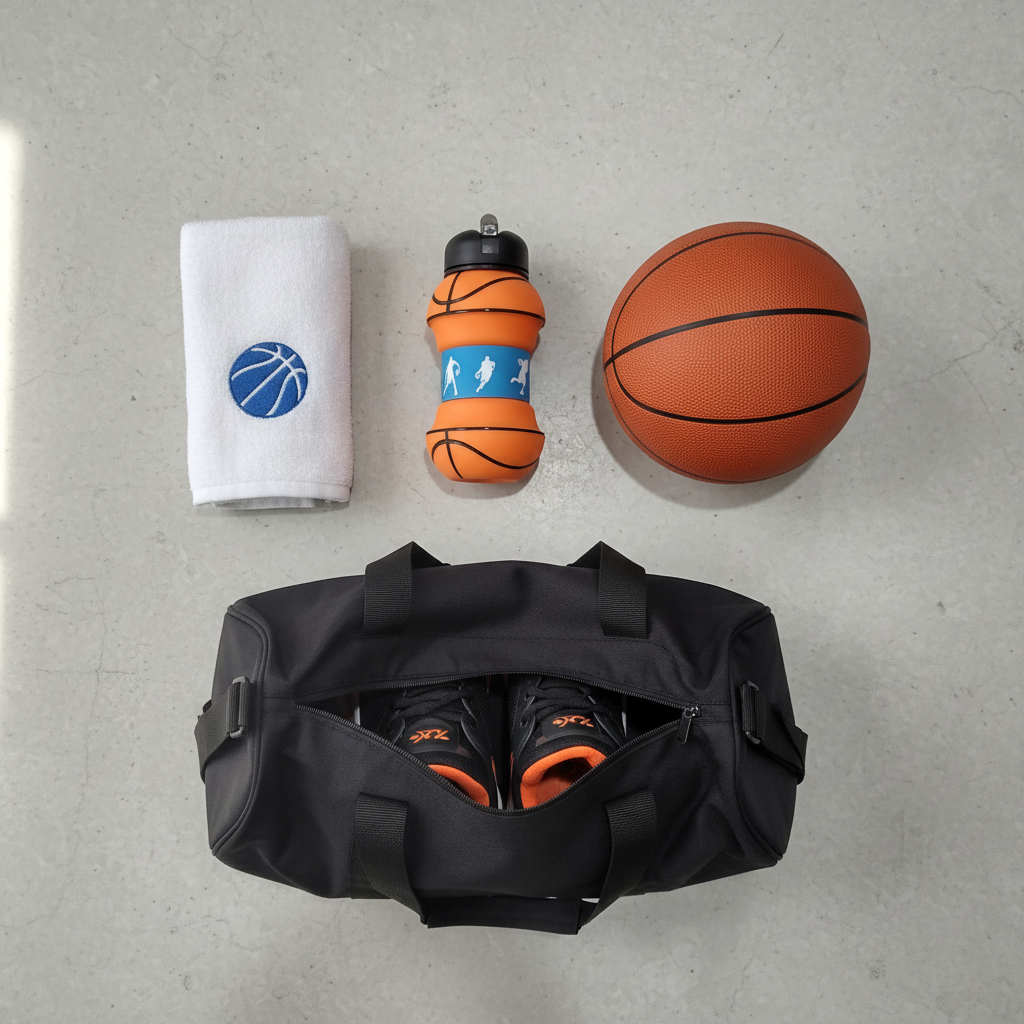 Flat lay with basketball bottle and sports accessories