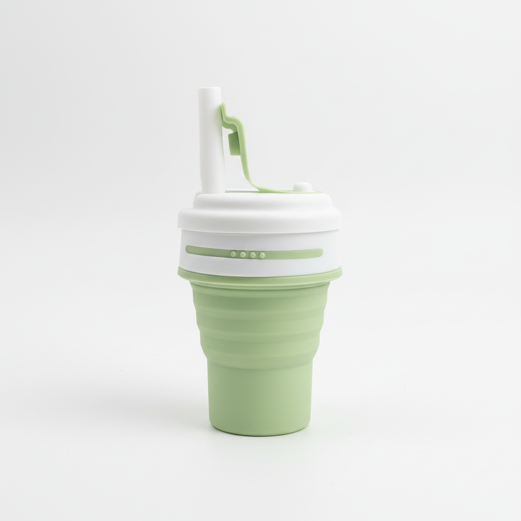 Collapsible coffee mug front view showing expanded form
