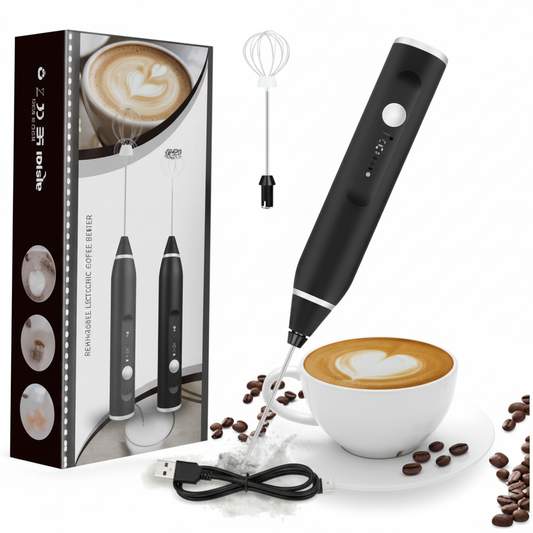 Rechargeable coffee beater with packaging and accessories